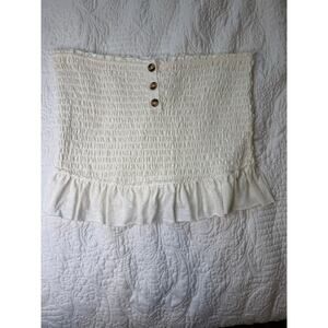 Free People  Large Babe Ivory Strapless Smocked Tube Top Button Detail Ruffle